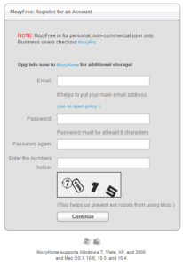 mozy home free signup screen